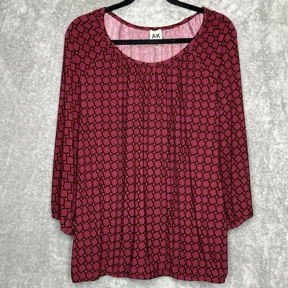 Anne Klein 1X Shirt Top Red Purple Geometric 3/4 Sleeve‎ Scoop Neck Stretch